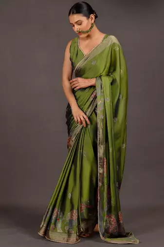 Women's olive green foil print block print golden lace border chiffon saree with unstiched blouse piece