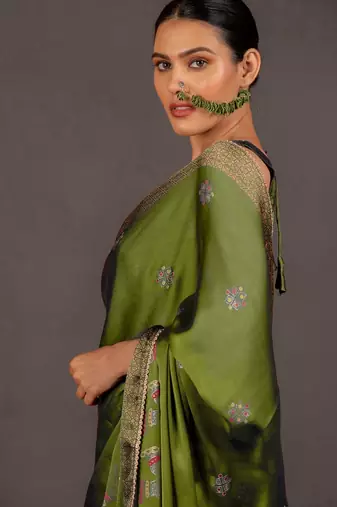 Women's olive green foil print block print golden lace border chiffon saree with unstiched blouse piece