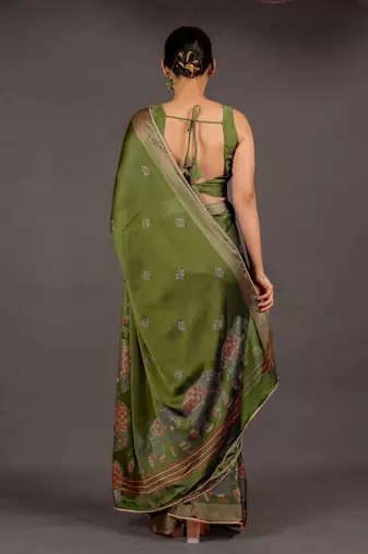 Women's olive green foil print block print golden lace border chiffon saree with unstiched blouse piece