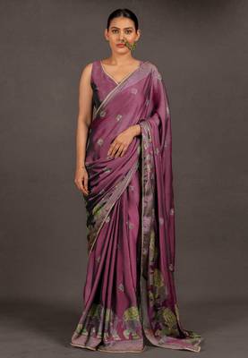 Women's deep magenta foil print block print golden lace border chiffon saree with unstiched blouse piece 1