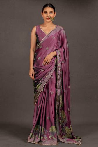 Women's deep magenta foil print block print golden lace border chiffon saree with unstiched blouse piece