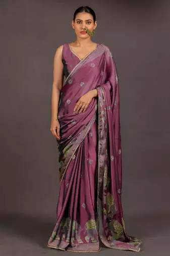 Women's deep magenta foil print block print golden lace border chiffon saree with unstiched blouse piece