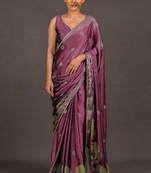 Women's deep magenta foil print block print golden lace border chiffon saree with unstiched blouse piece