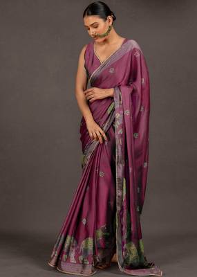 Women's deep magenta foil print block print golden lace border chiffon saree with unstiched blouse piece 2