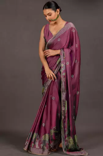 Women's deep magenta foil print block print golden lace border chiffon saree with unstiched blouse piece