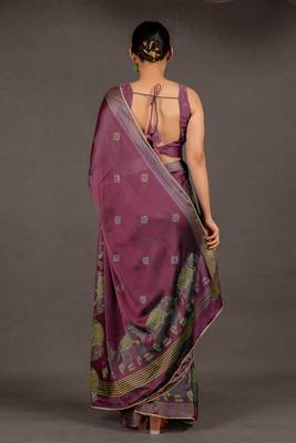 Women's deep magenta foil print block print golden lace border chiffon saree with unstiched blouse piece 4