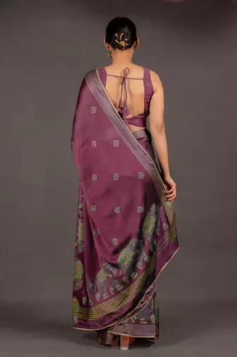 Women's deep magenta foil print block print golden lace border chiffon saree with unstiched blouse piece