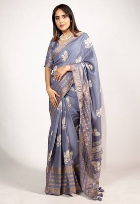 Women's rani pink peacock block print copper zari border cotton silk saree with unstiched blouse piece 1