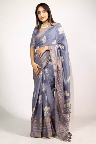 Women's violet peacock block print copper zari border cotton silk saree with unstiched blouse piece