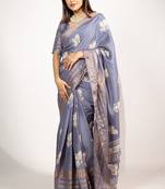 Women's violet peacock block print copper zari border cotton silk saree with unstiched blouse piece