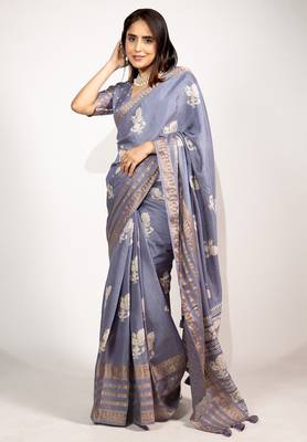 Women's rani pink peacock block print copper zari border cotton silk saree with unstiched blouse piece 2