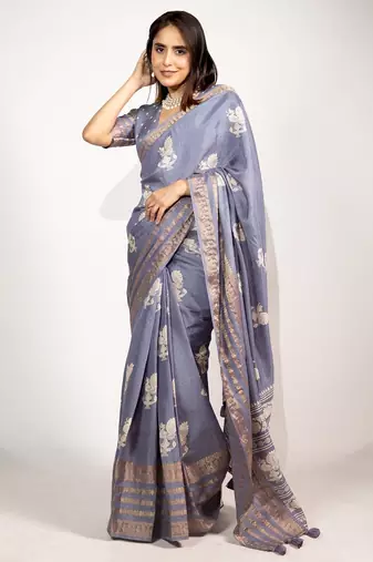 Women's rani pink peacock block print copper zari border cotton silk saree with unstiched blouse piece