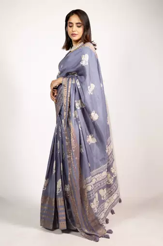 Women's rani pink peacock block print copper zari border cotton silk saree with unstiched blouse piece