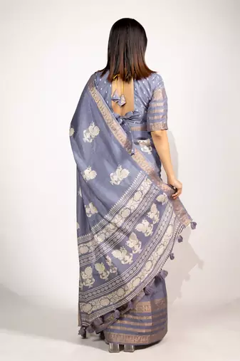 Women's rani pink peacock block print copper zari border cotton silk saree with unstiched blouse piece