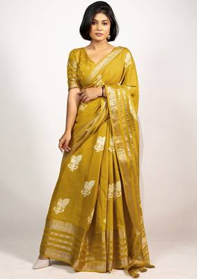 Women's mustard peacock block print copper zari border cotton silk saree with unstiched blouse piece 1