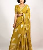 Women's mustard peacock block print copper zari border cotton silk saree with unstiched blouse piece