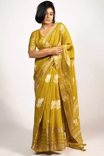 Women's mustard peacock block print copper zari border cotton silk saree with unstiched blouse piece