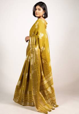Women's mustard peacock block print copper zari border cotton silk saree with unstiched blouse piece 3