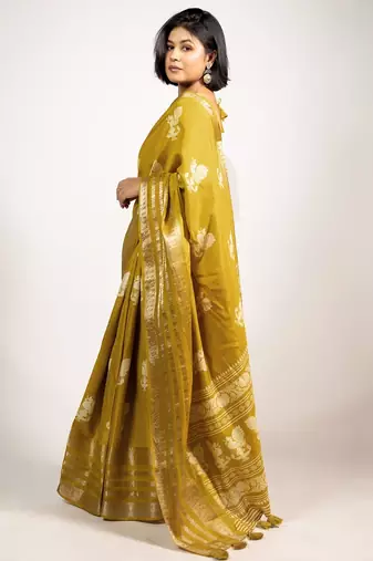 Women's mustard peacock block print copper zari border cotton silk saree with unstiched blouse piece