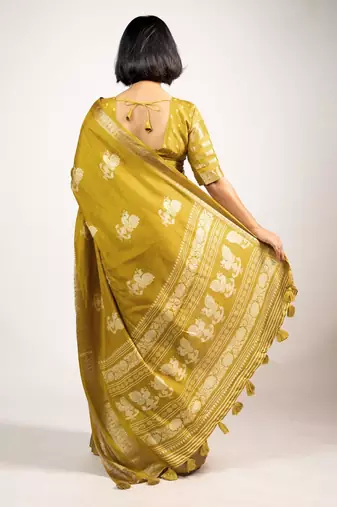 Women's mustard peacock block print copper zari border cotton silk saree with unstiched blouse piece