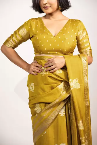 Women's mustard peacock block print copper zari border cotton silk saree with unstiched blouse piece