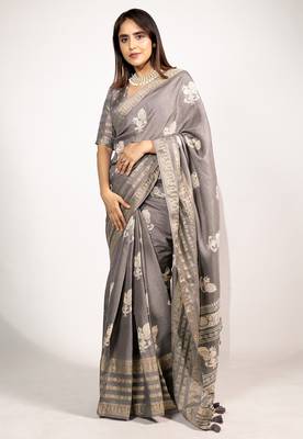 Women's taupe/beige peacock block print copper zari border cotton silk saree with unstiched blouse piece 1