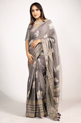 Women's taupe/beige peacock block print copper zari border cotton silk saree with unstiched blouse piece