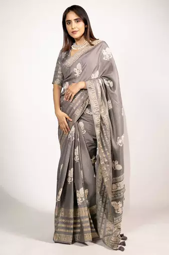 Women's taupe/beige peacock block print copper zari border cotton silk saree with unstiched blouse piece