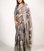 Women's taupe/beige peacock block print copper zari border cotton silk saree with unstiched blouse piece