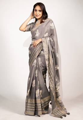 Women's taupe/beige peacock block print copper zari border cotton silk saree with unstiched blouse piece 2