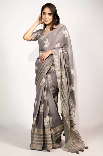 Women's taupe/beige peacock block print copper zari border cotton silk saree with unstiched blouse piece