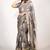 Women's taupe/beige peacock block print copper zari border cotton silk saree with unstiched blouse piece