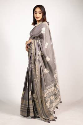 Women's taupe/beige peacock block print copper zari border cotton silk saree with unstiched blouse piece 3