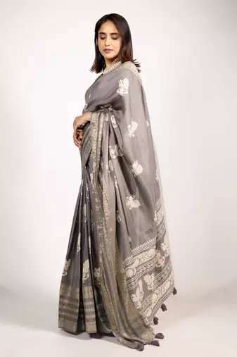 Women's taupe/beige peacock block print copper zari border cotton silk saree with unstiched blouse piece