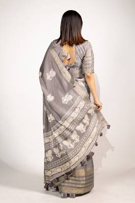 Women's taupe/beige peacock block print copper zari border cotton silk saree with unstiched blouse piece 4