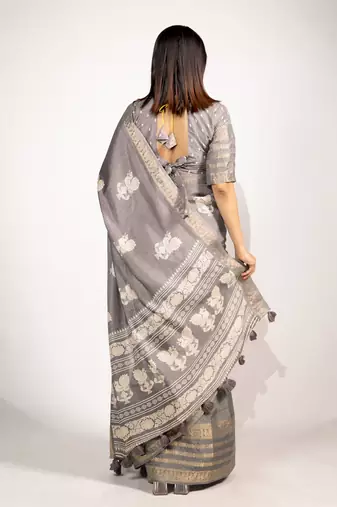 Women's taupe/beige peacock block print copper zari border cotton silk saree with unstiched blouse piece