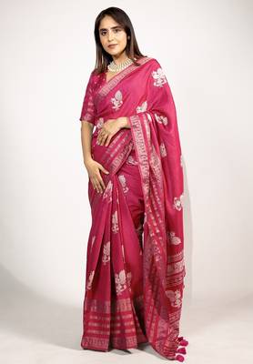 Women's rani pink peacock block print copper zari border cotton silk saree with unstiched blouse piece 1