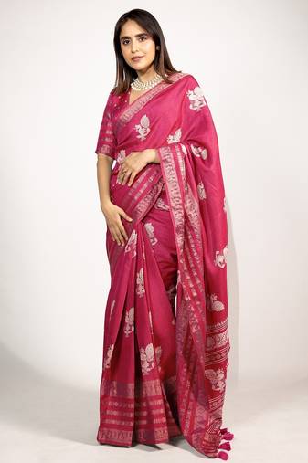 Women's rani pink peacock block print copper zari border cotton silk saree with unstiched blouse piece