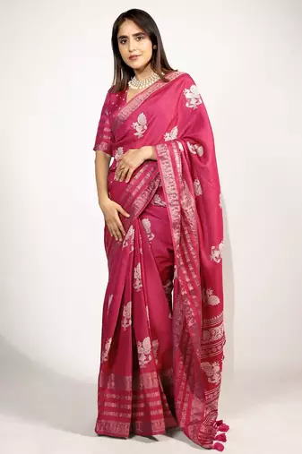 Women's rani pink peacock block print copper zari border cotton silk saree with unstiched blouse piece
