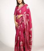 Women's rani pink peacock block print copper zari border cotton silk saree with unstiched blouse piece