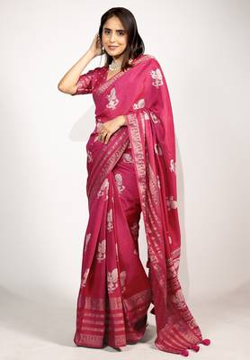 Women's rani pink peacock block print copper zari border cotton silk saree with unstiched blouse piece 2