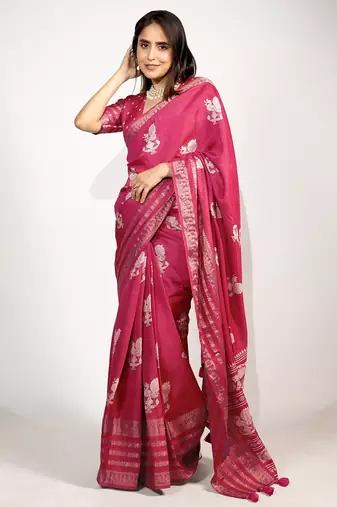 Women's rani pink peacock block print copper zari border cotton silk saree with unstiched blouse piece
