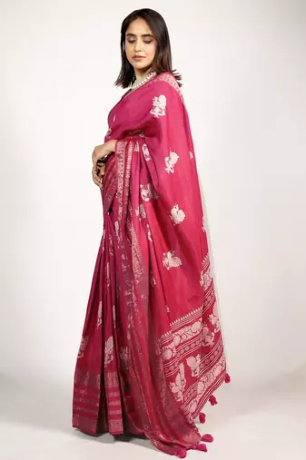 Women's rani pink peacock block print copper zari border cotton silk saree with unstiched blouse piece
