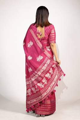 Women's rani pink peacock block print copper zari border cotton silk saree with unstiched blouse piece 4