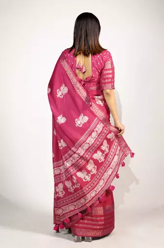 Women's rani pink peacock block print copper zari border cotton silk saree with unstiched blouse piece
