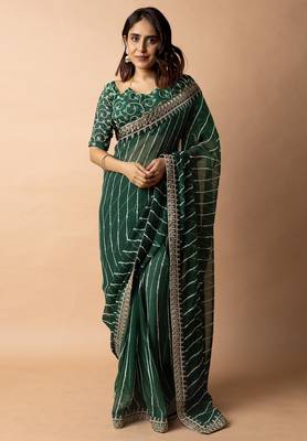 Women's pink striped leheriya print embroidered lace border georgette saree with unstiched blouse piece 1