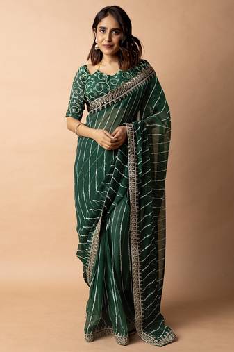 Women's green striped leheriya print embroidered lace border georgette saree with unstiched blouse piece