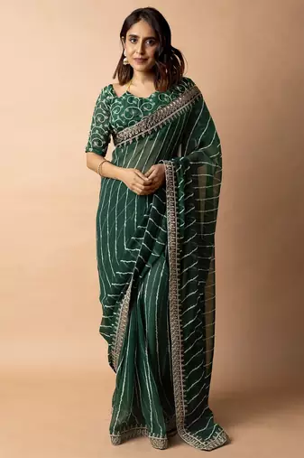 Women's green striped leheriya print embroidered lace border georgette saree with unstiched blouse piece