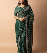 Women's green striped leheriya print embroidered lace border georgette saree with unstiched blouse piece