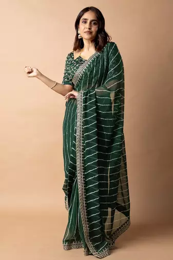 Women's pink striped leheriya print embroidered lace border georgette saree with unstiched blouse piece